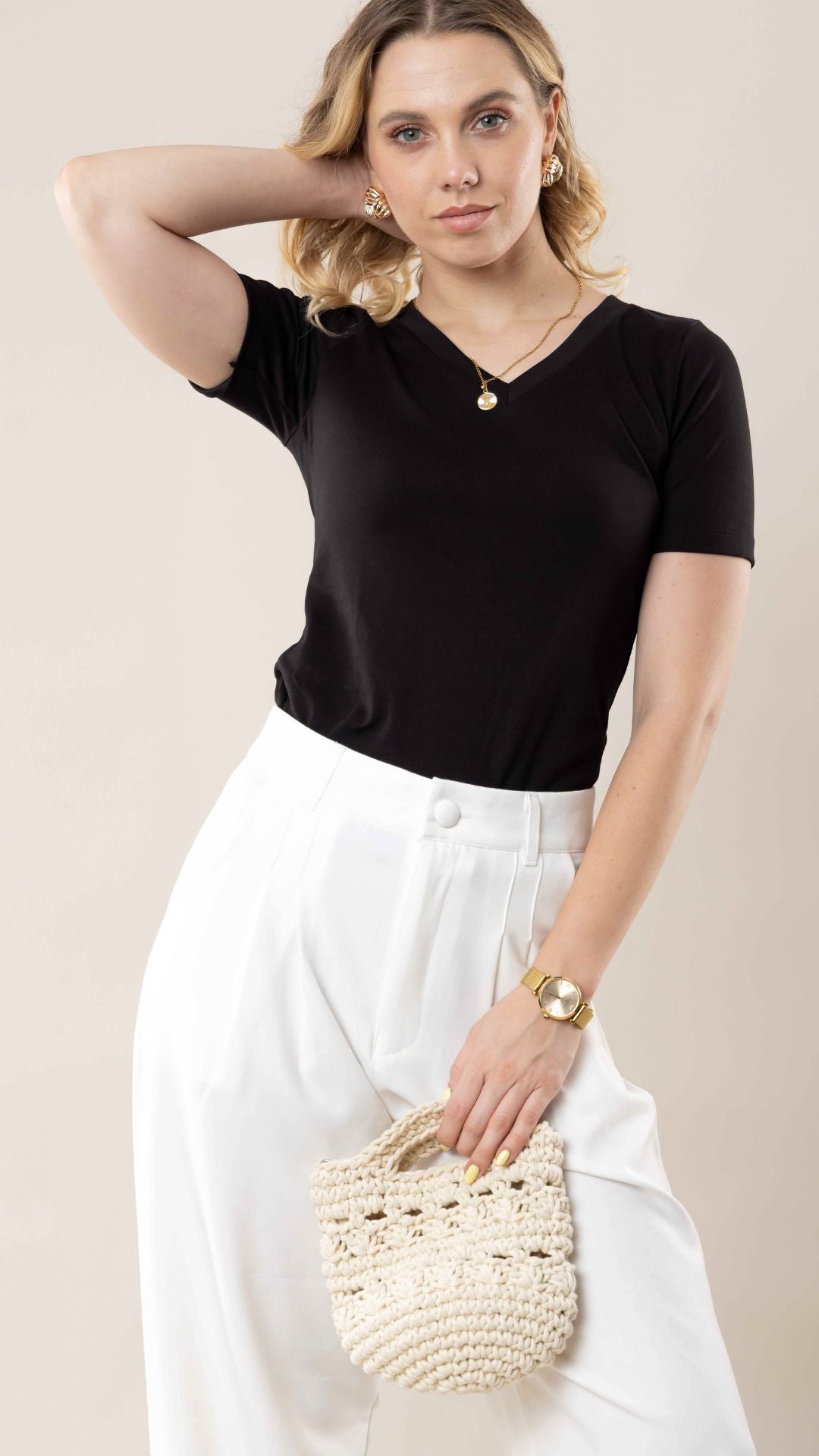 Camiseta algodón Pima cuello V - Negro