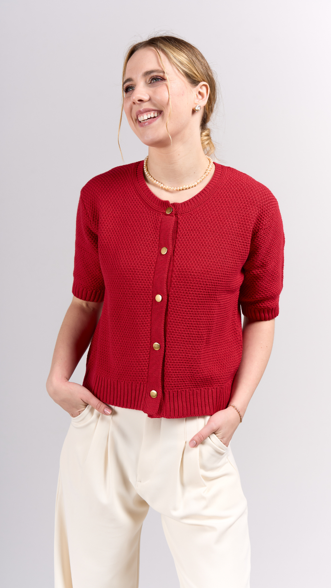 Cardigan Rojo Tejida manga 3/4